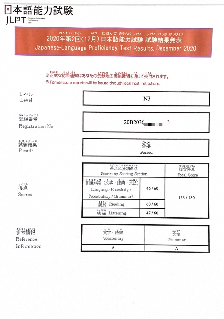 my JLPT N3 test result